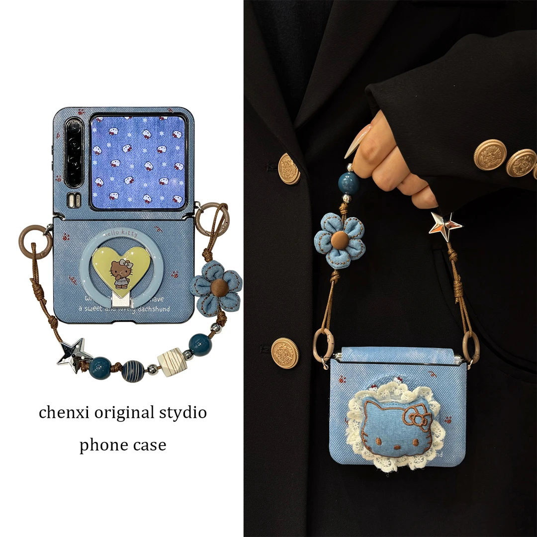 适用华为purax折叠屏手机壳pocket2复古牛仔纹小米MIXFlip2手提绳