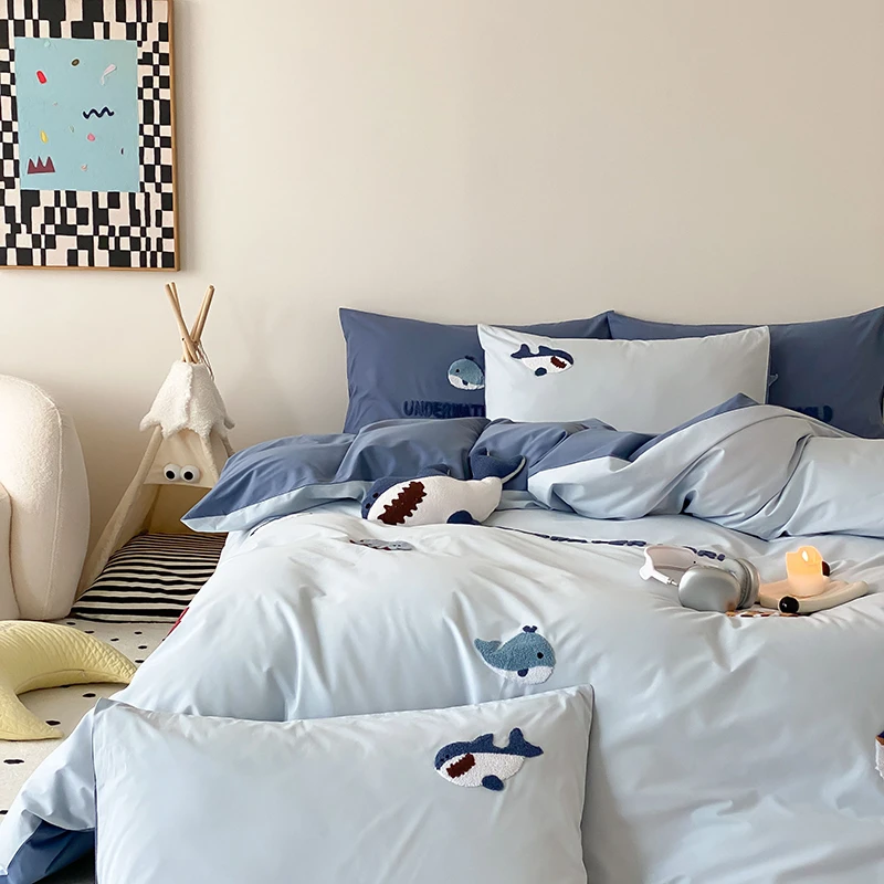 男孩海洋乐园纯棉水洗棉四件套全棉儿童被套卡通床单新款床上用品