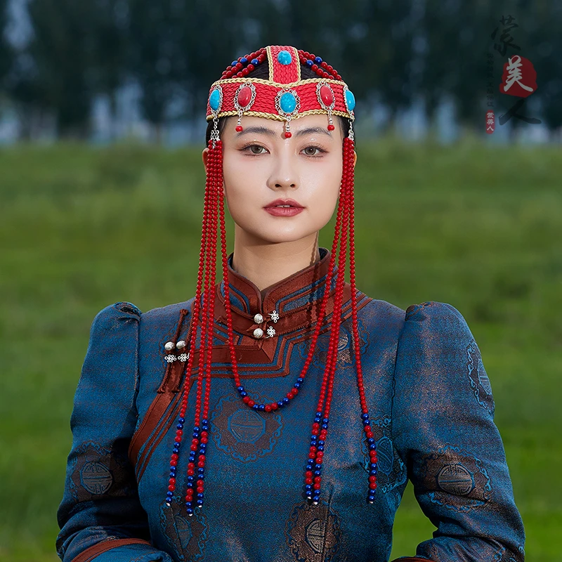 蒙古族传统头饰女款民族风舞蹈演出发饰复古长流苏手工串珠配饰