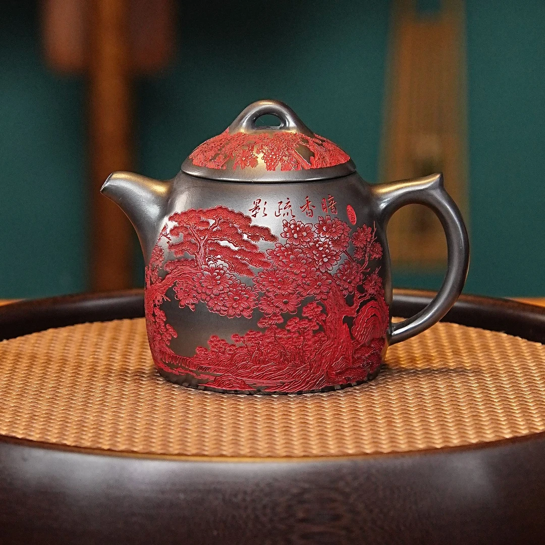 宜兴紫砂茶具  原矿石黄泥料刻绘暗香疏影秦权紫砂壶