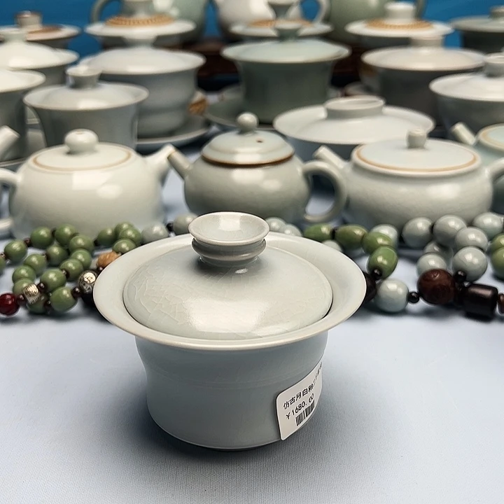 杯仿古月白釉竹节马蹄盖碗原矿原釉原产地