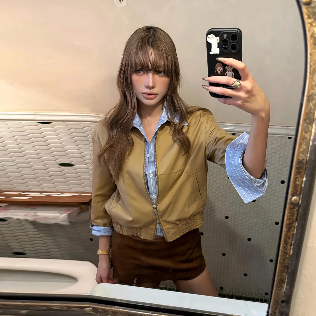 美式老钱风撞色条纹拼接翻领夹克开衫复古时尚休闲梭织外套秋短款