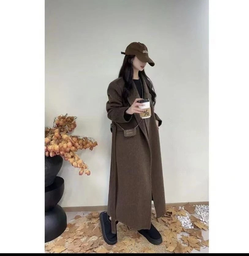 【束语定制】秋冬新款正肩西装领腰带双面呢子羊毛大衣长款外套女款
