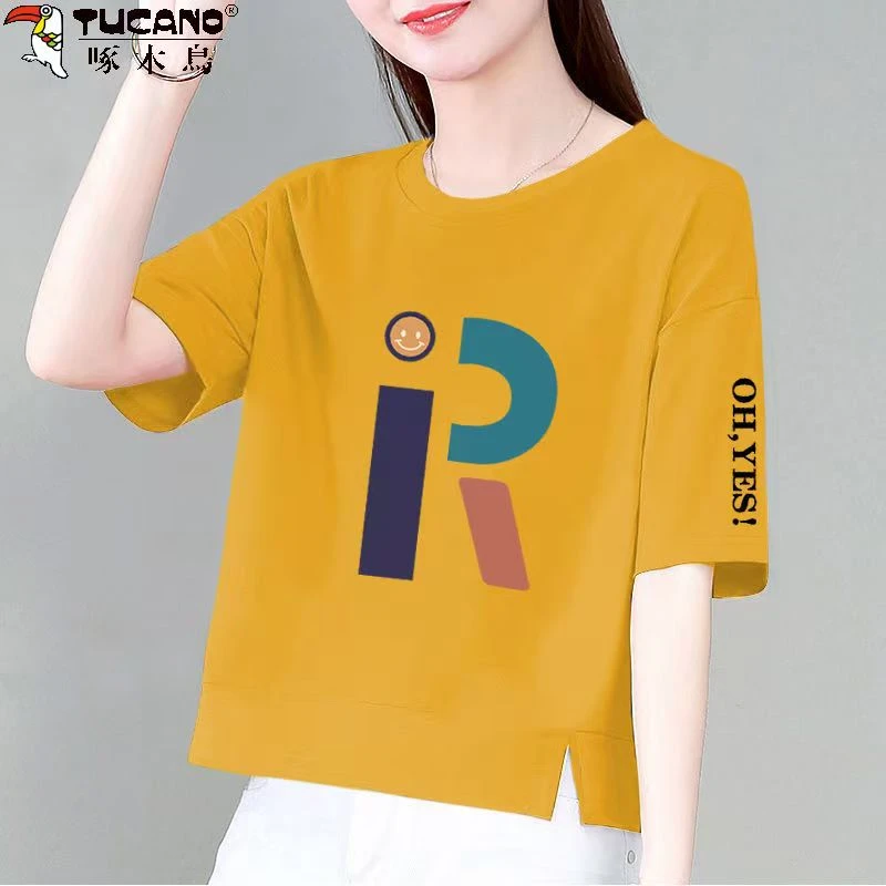 啄木鸟100%纯棉夏季圆领短袖女韩版新款宽松显瘦印花T恤短裤上衣