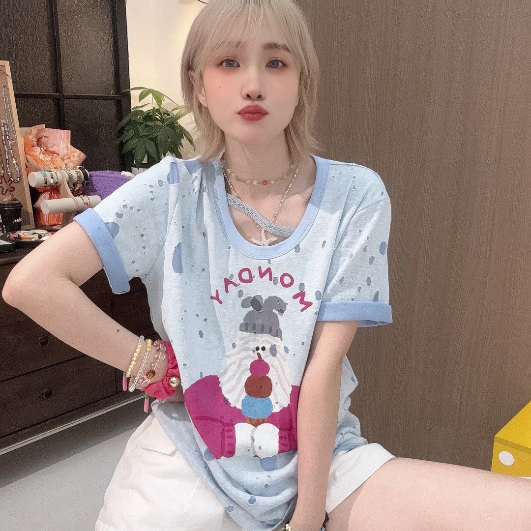 Apr.【雪花老头】小众设计感百搭显白夏季宽松数码印圆领T恤25ST410