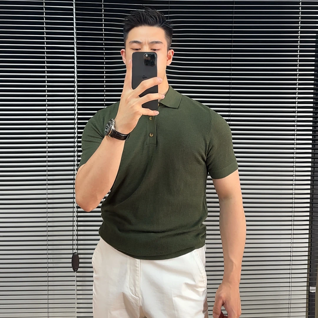 高品质冰丝针织POLO衫商务休闲镂空透气纯色简约老钱风翻领T恤