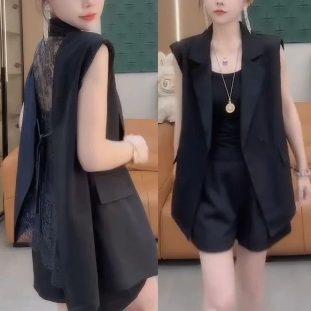 738时尚气质套装女25夏新高级感拼接蕾丝美背设计感无袖马甲短裤