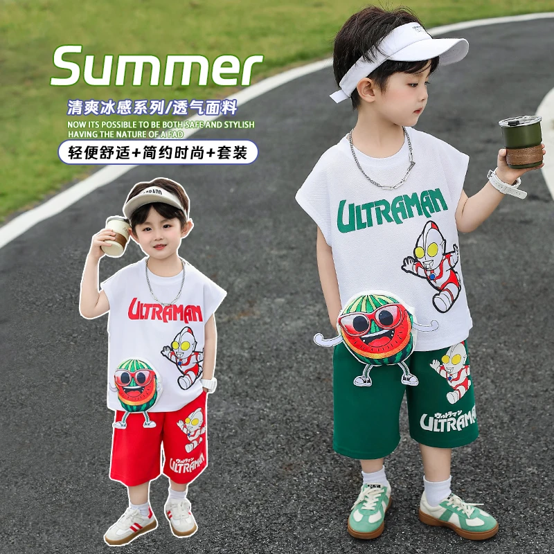 儿童奥特曼衣服夏季洋气男童无袖套装2025新款宝宝背心中小童装潮