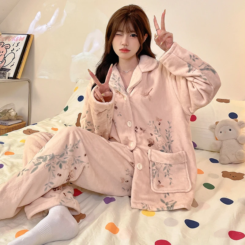 【国风竹林】新款冬季女士长袖可外穿睡衣舒适加厚保暖套装家居服