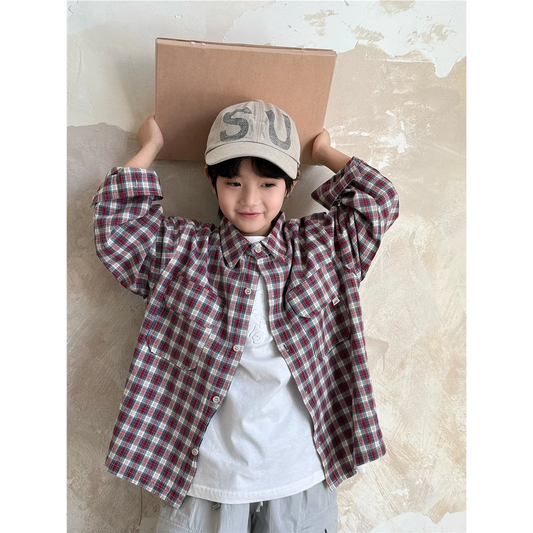 儿童红色格子衬衫2025童装春夏款长袖洋气韩版中大童帅气休闲