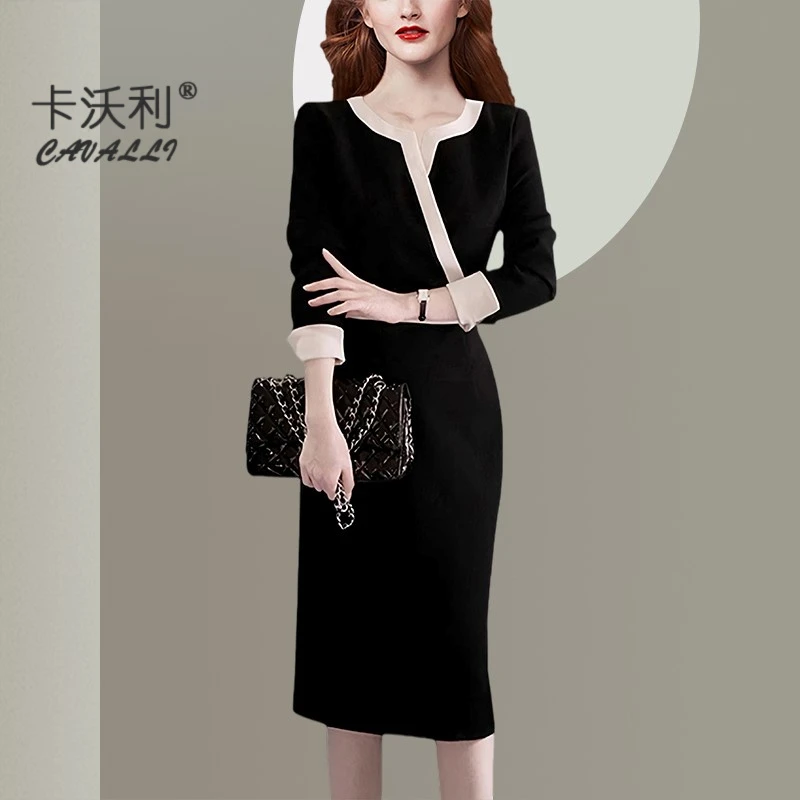 高级感轻奢名媛优雅气质显瘦连衣裙2025秋季新款修身包臀V领拼色