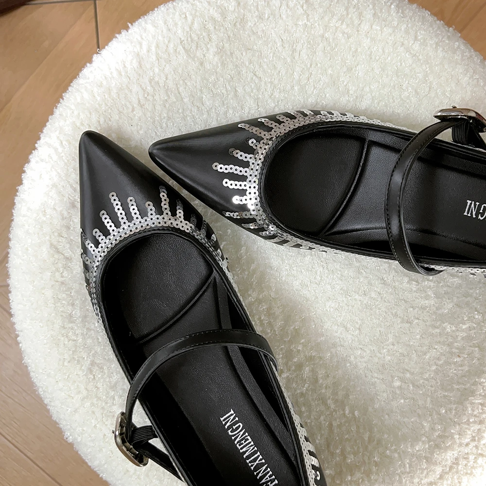 2025年新款春秋亮片尖头平底鞋女浅口5cm内增高单鞋百搭通勤女鞋