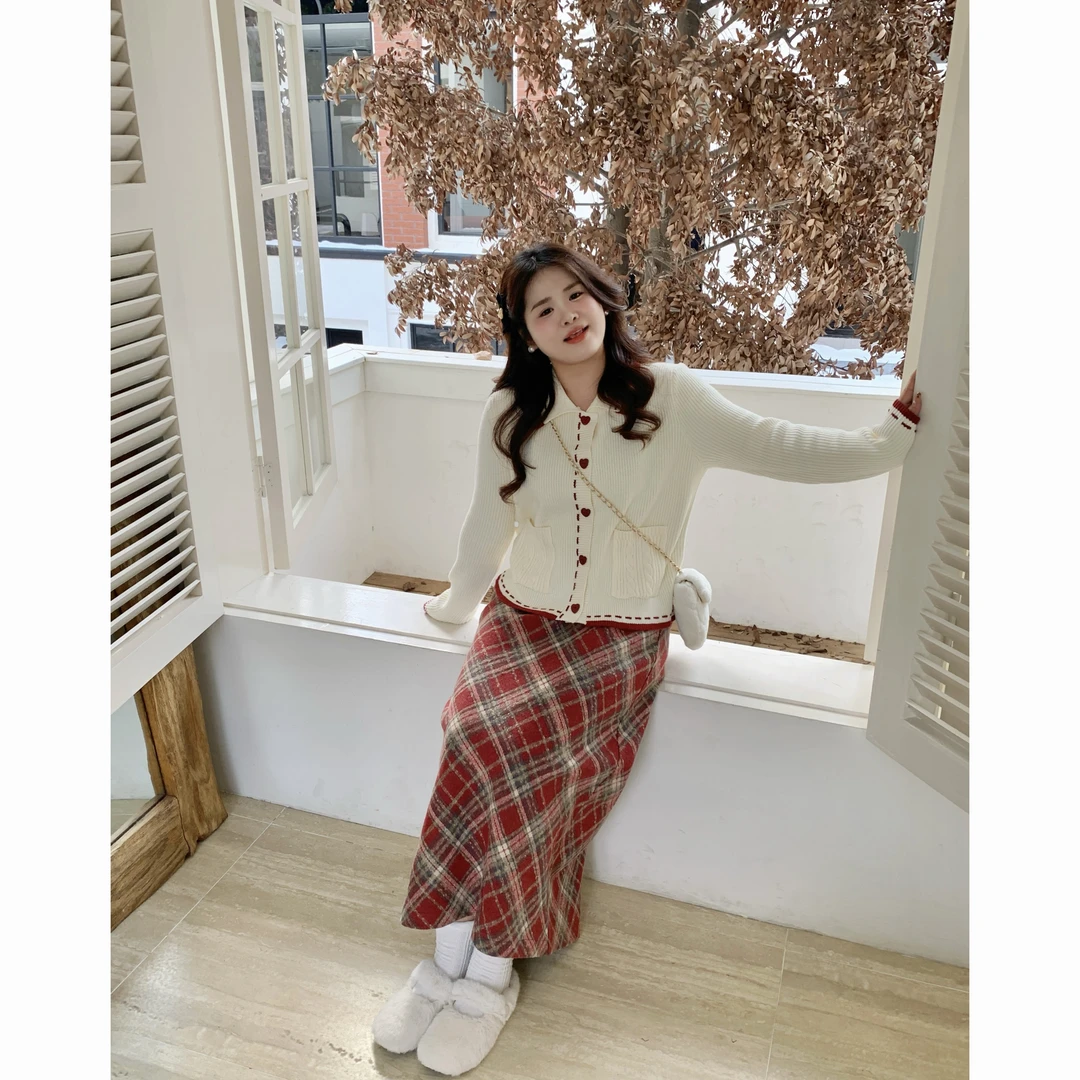 青苍【红色恋人】大头婷微胖定制秋冬小香风毛呢格纹半身裙长裙