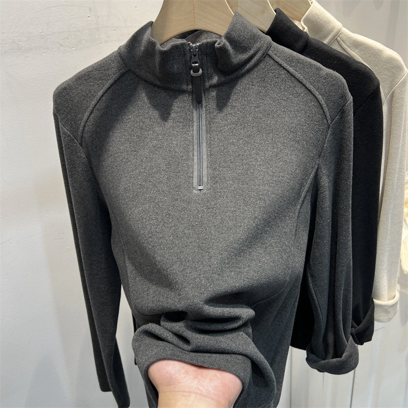 Lagang 德绒立领长袖T恤女拉链内搭打底衫