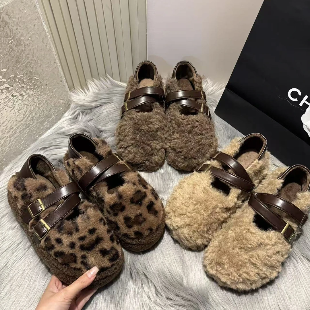 2025秋冬季新款气质百搭双皮带扣加绒毛绒时尚女爆款毛毛拖鞋-5CM