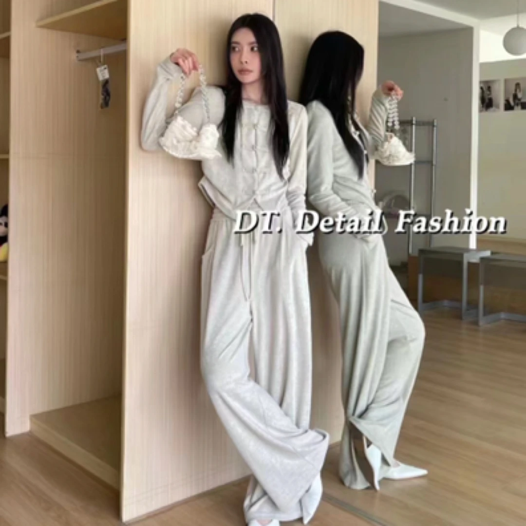 2025春款国风复古盘扣休闲套装女圆领排扣上衣松紧腰阔腿裤两件套