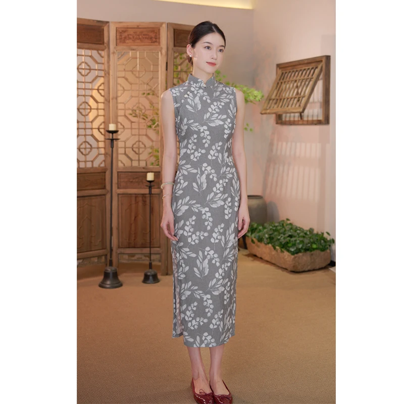 【花芷】良辰媄锦半开襟单层无袖夏季中长款旗袍衣长约122CM