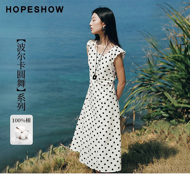 红袖2025夏季女装 复古波点后拉收腰方领套头连衣裙90225121603