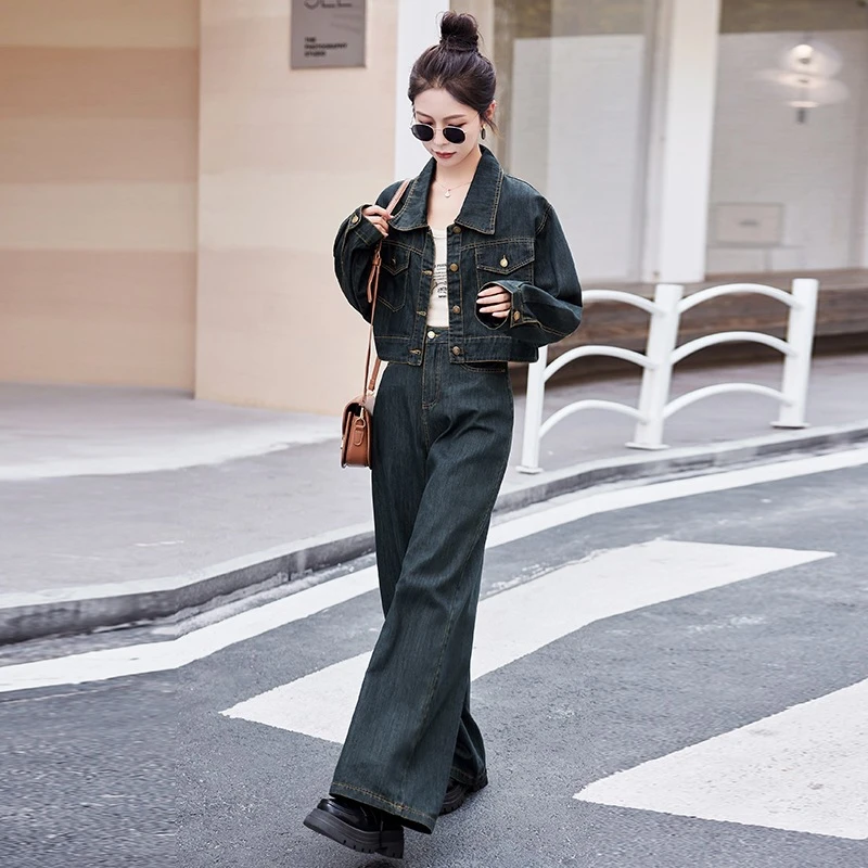牛仔套装2025新款女装春秋气质爆款洋气休闲显瘦春装阔腿裤两件套