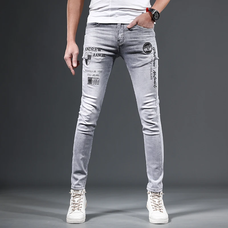 那因波勒春秋季潮流印花牛仔裤男士修身小脚裤百搭弹力时尚休闲裤