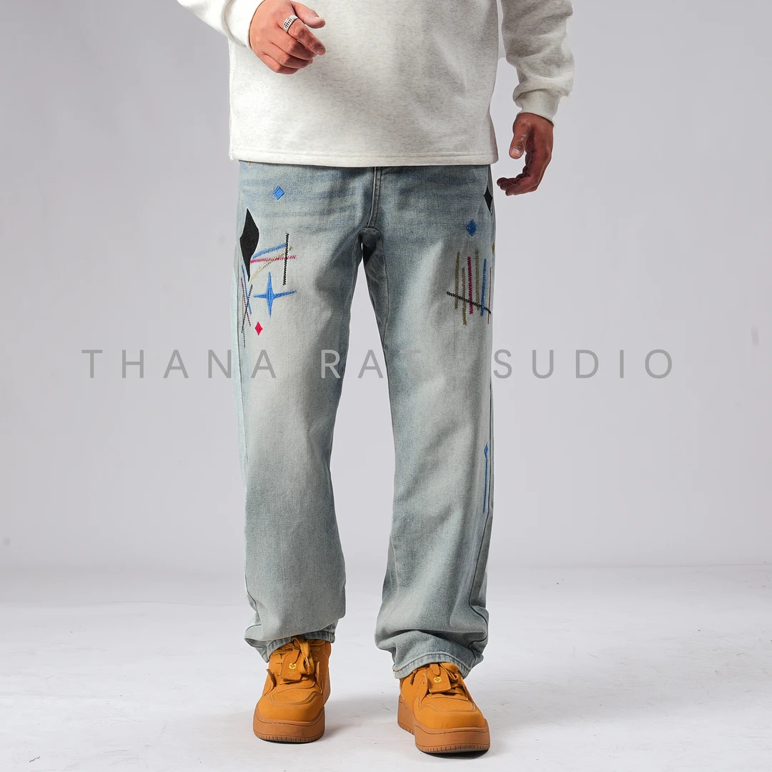 K2509大码男装刺绣秋季新品固色直筒牛仔裤宽松男士高街牛仔裤