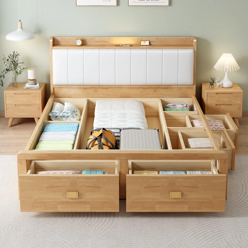 北欧轻奢全实木床.双人.米原木色现代简约软靠包高箱储物床