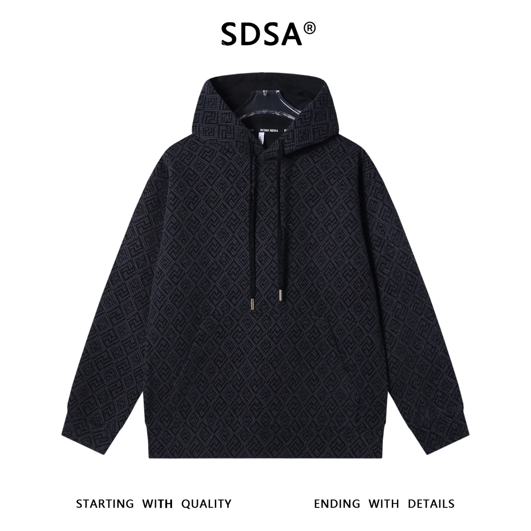 SDSA男士秋冬新款痞帅男装韩版撞色格子抽绳连帽卫衣百搭宽松上衣