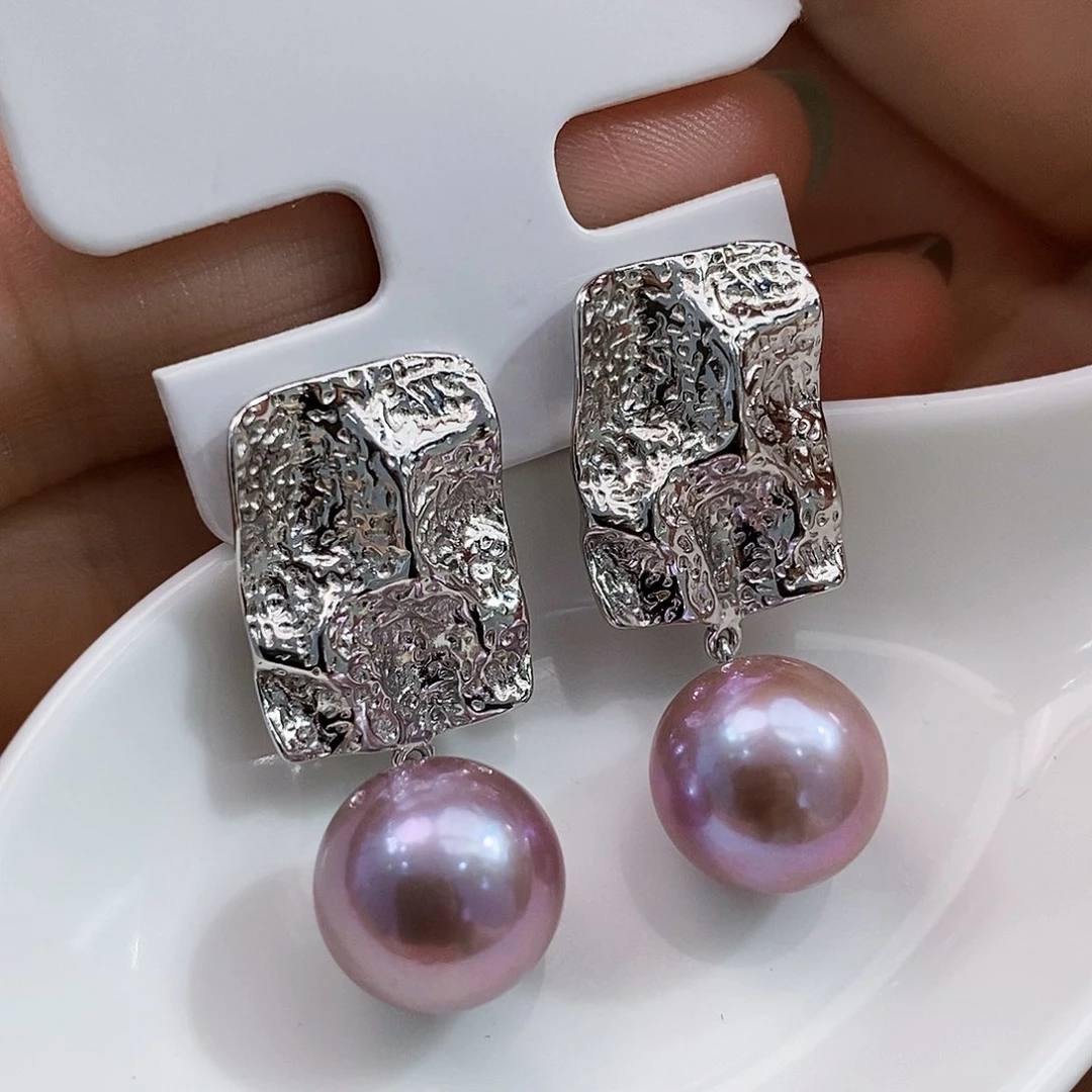 银S925镶嵌特价极光漫塔玫瑰紫耳饰11.5mm淡水珍珠