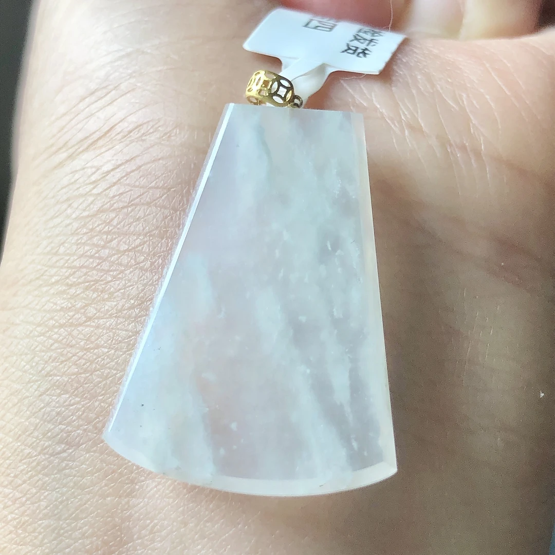 缅甸天然A货翡翠18k金镶嵌老坑冰种雪花无事牌吊坠裸石29.4/21/3