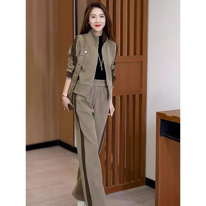 港风复古休闲运动套装女春2024新款时髦显瘦开衫卫衣阔腿裤两件套
