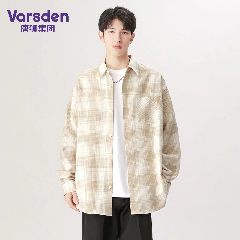 唐狮集团Varsden日系休闲风格子衬衫春秋季新款男士时尚痞帅上衣