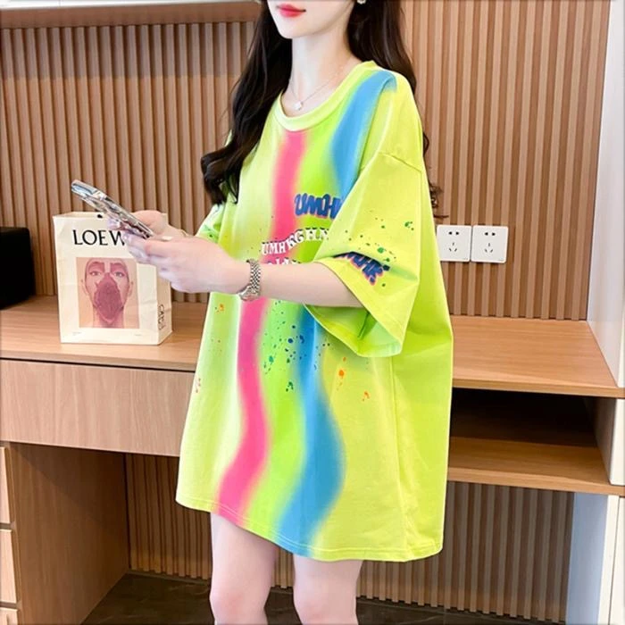 彩色涂鸦扎染撞色短袖T恤女夏新款韩版宽松大码遮肚显瘦纯棉上衣