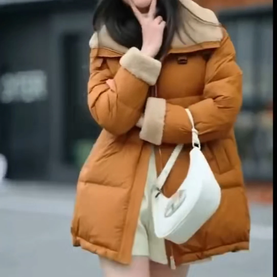 甜歪歪冬季新款翻领撞色羽绒服女装外套网红短款时尚休闲百搭女士