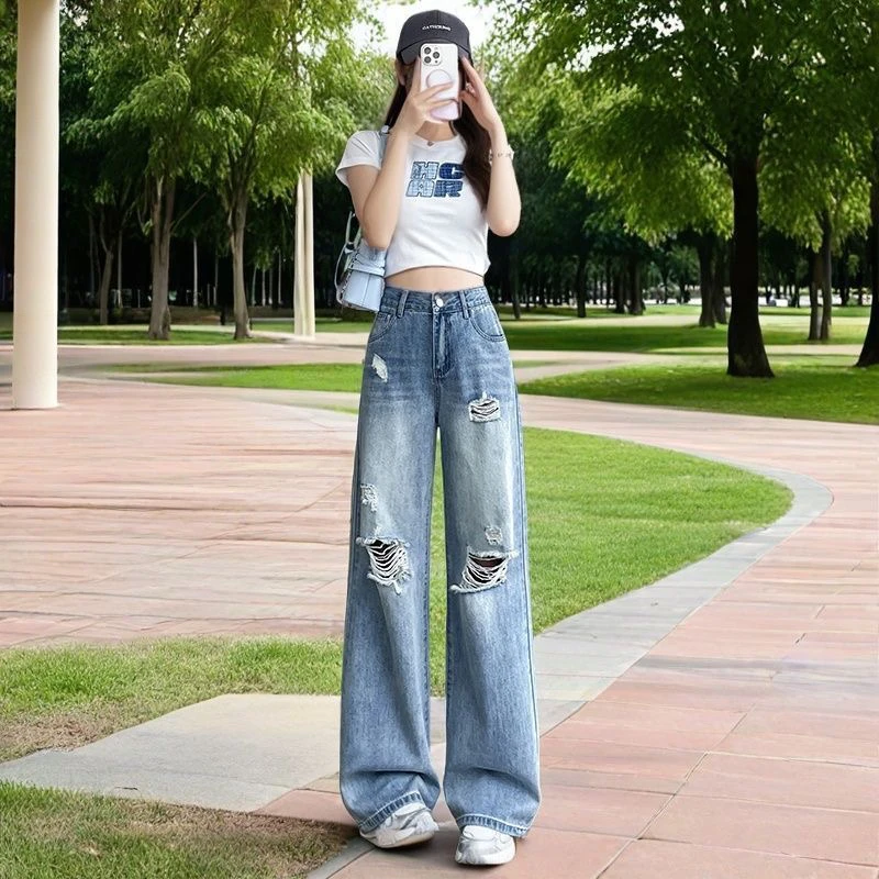 034破洞阔腿牛仔裤女高腰显瘦宽松垂感春夏秋款直筒拖地裤