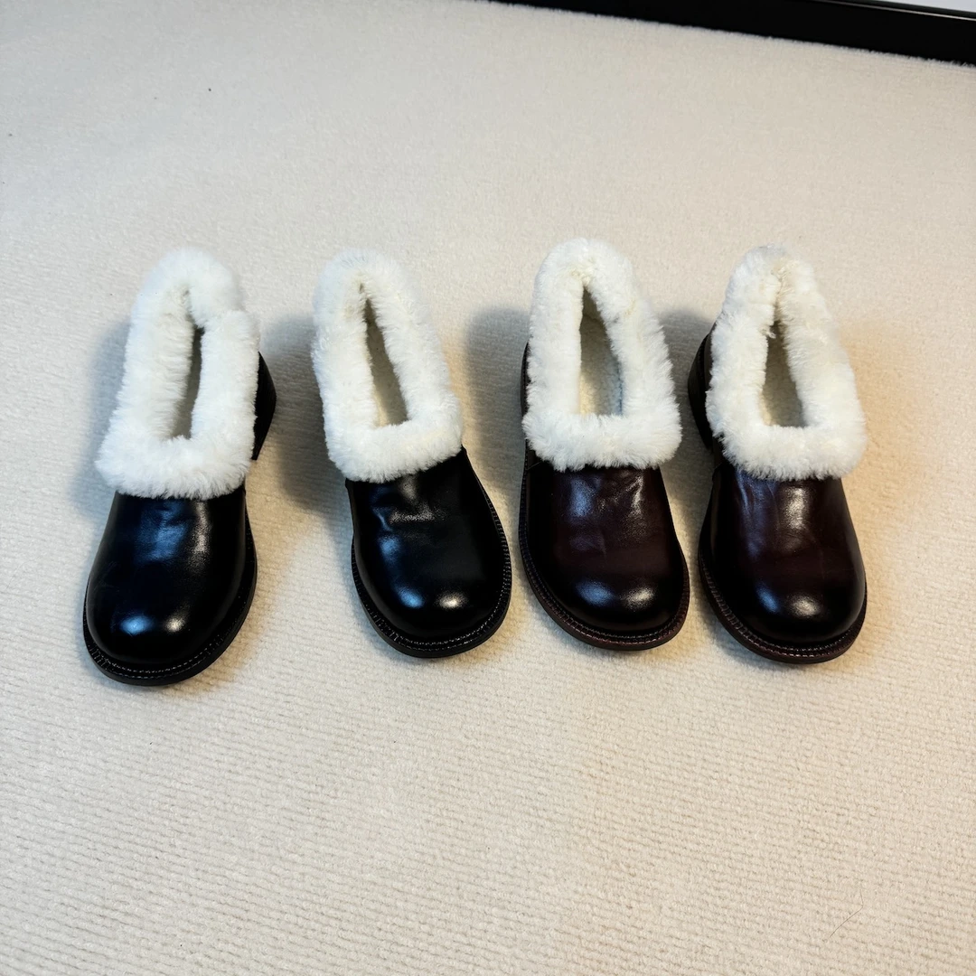 六也「静音超轻」复古简约粗跟圆头加绒保暖一脚蹬毛毛皮鞋 L1237