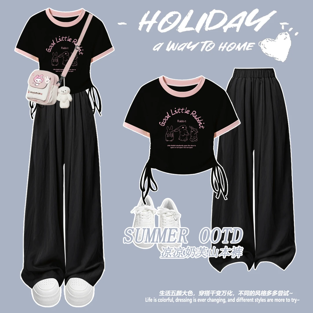 甜酷大童套装夏季初中学生网红拼色T恤短袖女孩时尚阔腿裤两件套