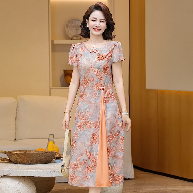 妈妈夏季改良新中式连衣裙中年女洋气短袖裙子妈妈装时尚减龄长裙
