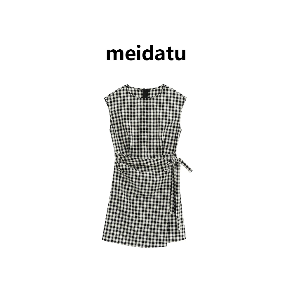 美哒兔（破价款）设计感条纹格系带收腰连衣裙CK1812-6