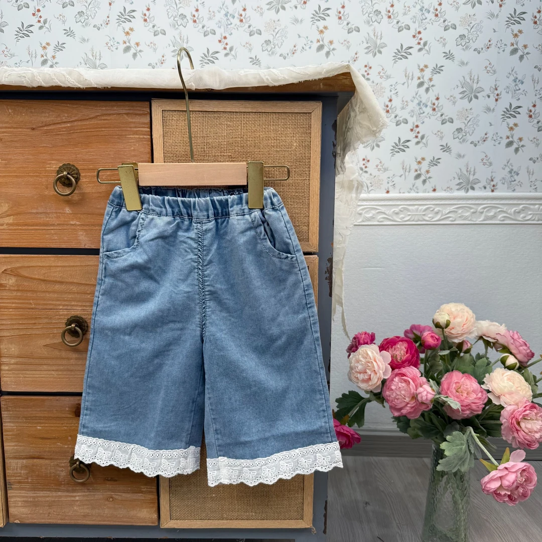 【❀小花家】夏季新款蕾丝边牛仔裤