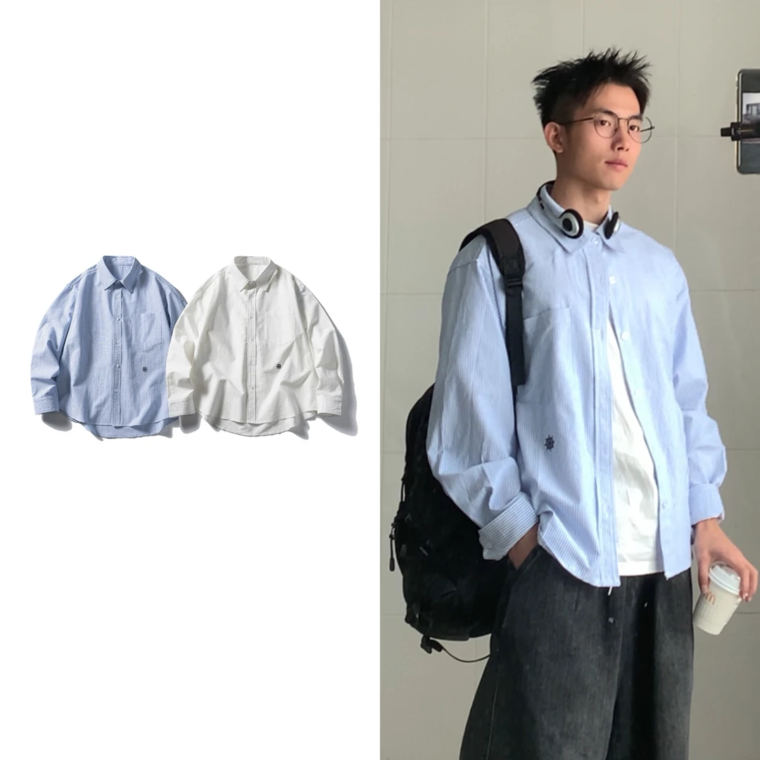 黑子舞想日系复古帆船刺绣条纹衬衫男女宽松廓形衬衣情侣长袖上衣