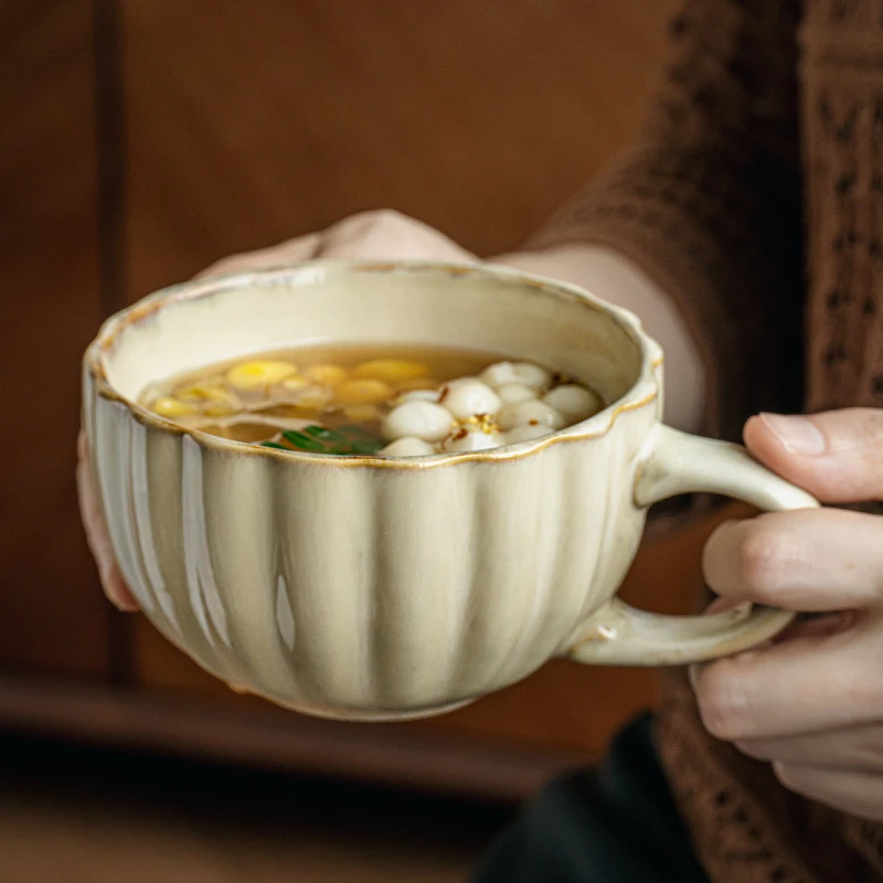 vintage浮雕咖啡杯复古窑变马克杯水杯陶瓷早餐杯燕麦杯子出口