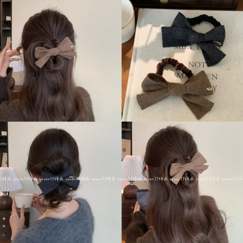 冬日典藏！韩系温柔针织蝴蝶结金标发圈低丸子头半扎低马尾发圈女
