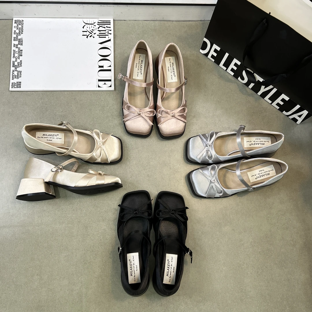 2025春夏新款缎面蝴蝶结方头玛丽珍跟鞋爆款马蹄跟一字带系扣单鞋