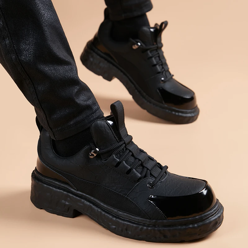 休闲皮鞋男韩版百搭系带通勤鞋新款英伦风厚底时尚潮流内增高男鞋