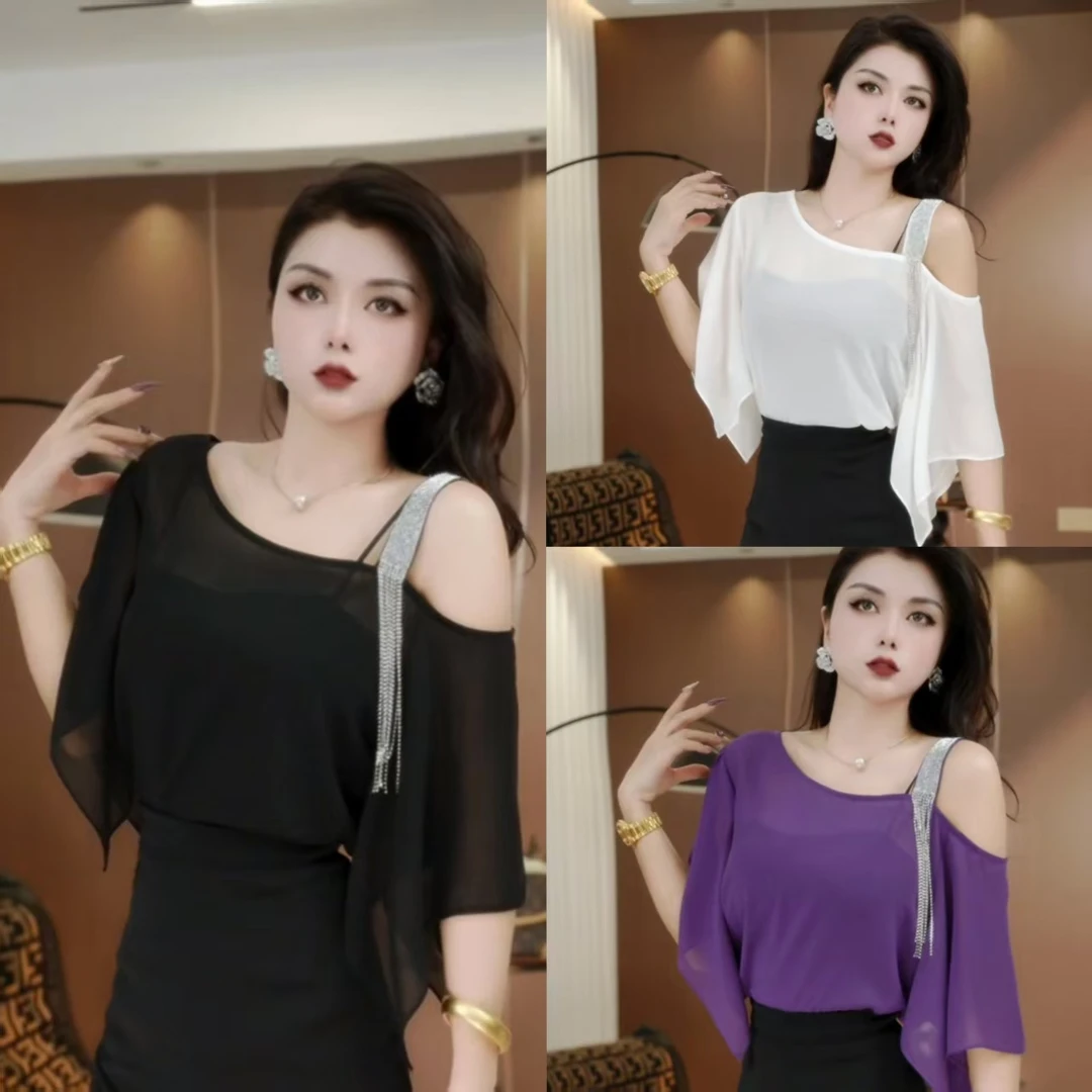 【燕子原创】夏季2025新款设计感小众露肩轻云纱时尚气质体恤110–