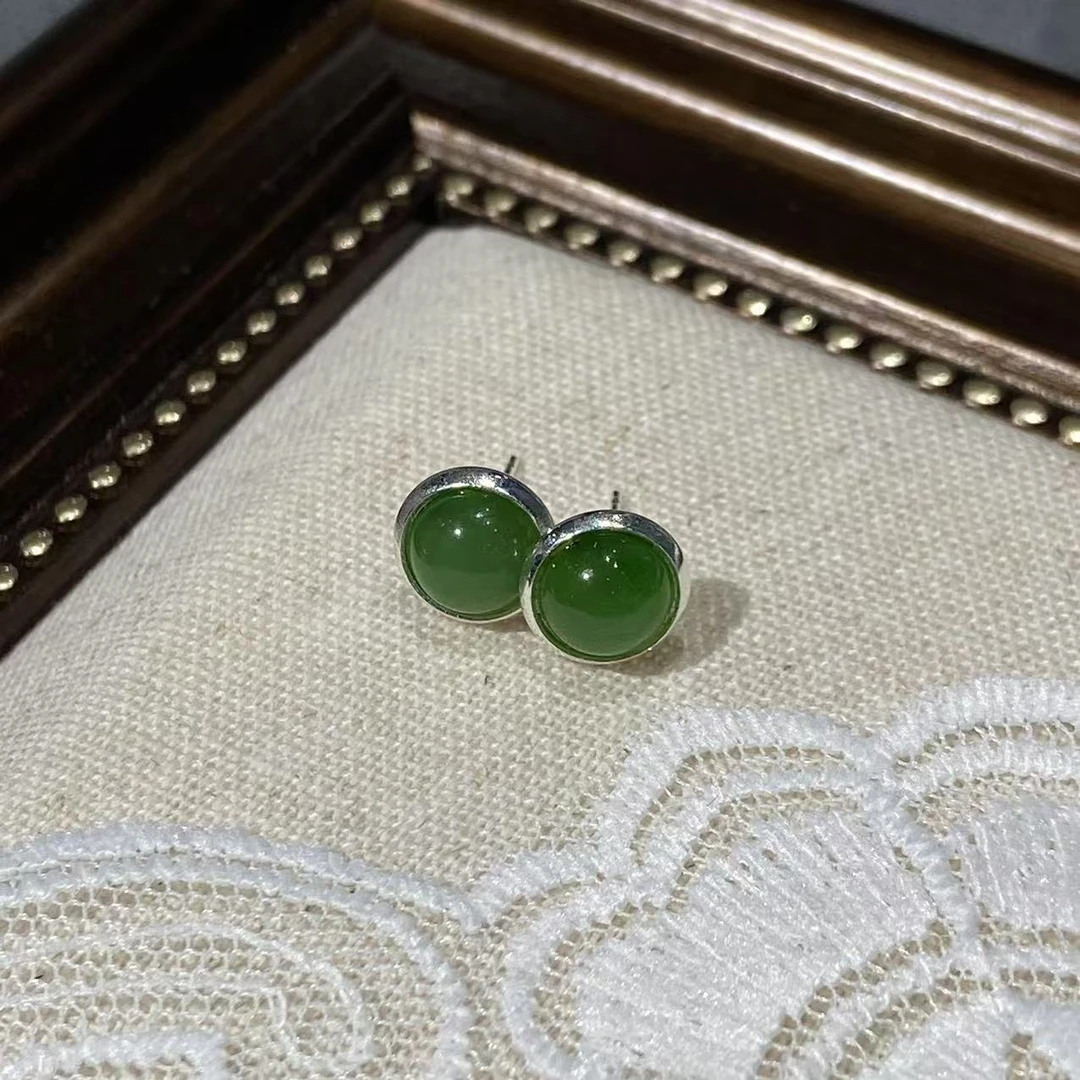 【小圆满】天然和田玉碧玉圆形耳钉银镶嵌简约精致百搭气质耳饰