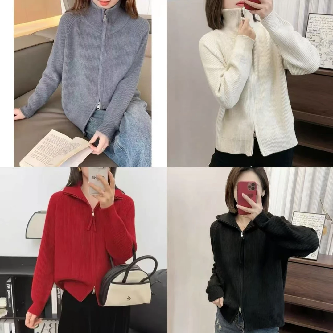 9112-高领双开拉链加厚毛衣开衫（颜色任意）