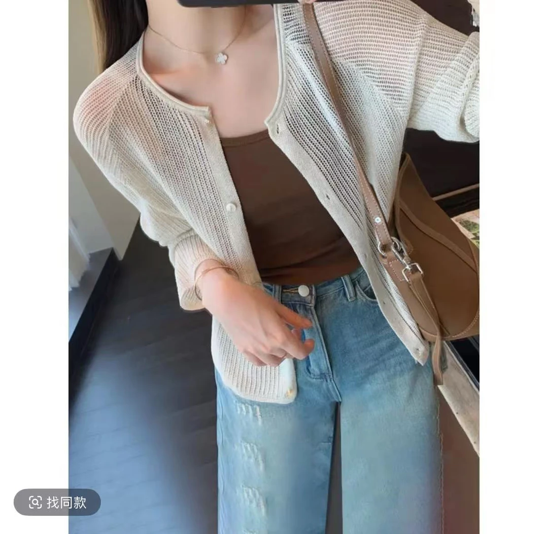 镂空竖纹理针织开衫女春圆领毛衣上衣外套内搭10086