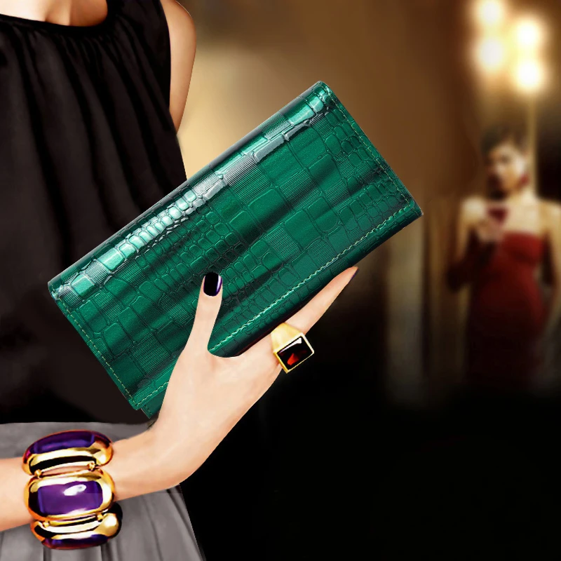 时尚真皮亮皮多卡位多隔层长款折叠钱包鳄鱼纹牛皮大钞钱夹放手机