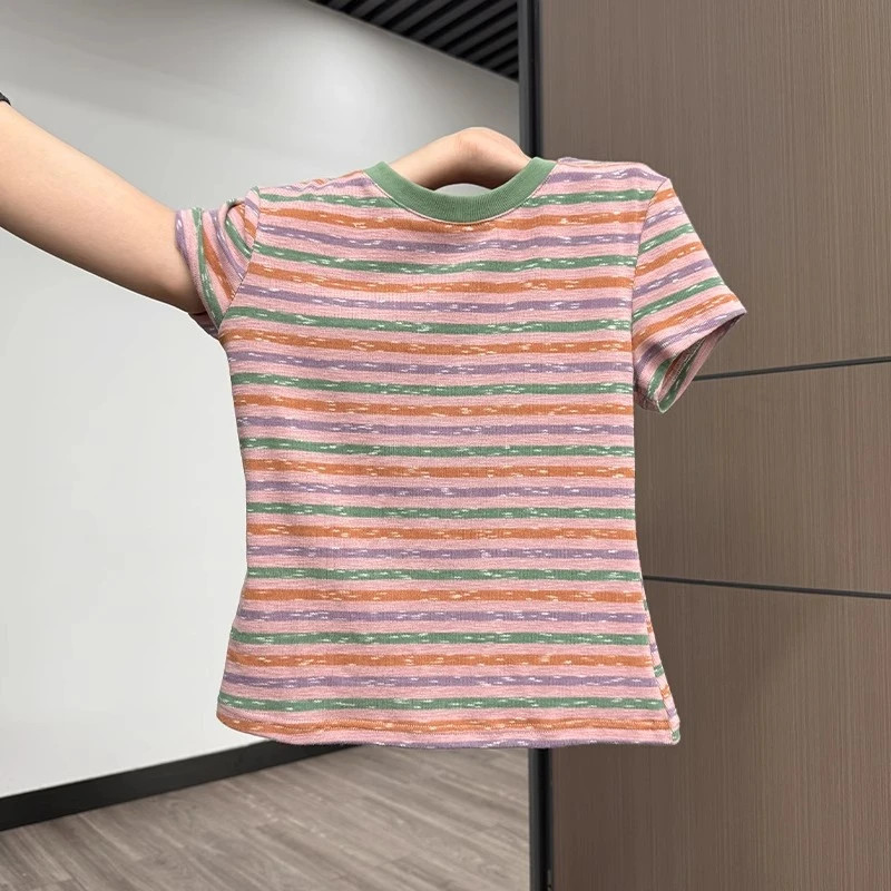 彩虹条纹减龄正肩短袖T恤女2025春夏季撞色圆领显瘦遮肚洋气上衣